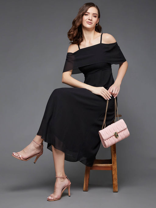 knee length dresses for ladies Black Printed Floral 2 in 1 Off Shoulder Midi Skater Dress  AX Paris