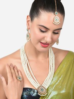 Zaveri Pearls - Gold Kundan Multistrand Necklace Earring Maangtikka Ring Set-ZPFK15354