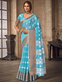 EXCLUSIVA - Sky Blue Linen Saree with Unstitched Blouse