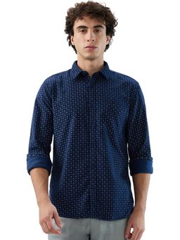 Parx - Slim Fit Printed Dark Blue Shirt