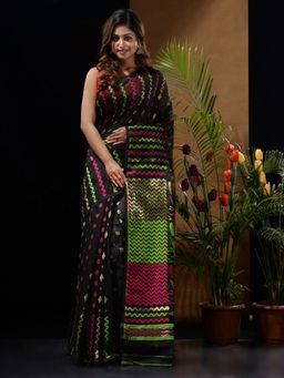 CHARUKRITI - Black Handwoven Saree with Chevron Patterns & Bird Motifs