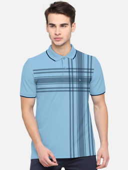 BULLMER - Sky Blue Checked Printed Polo Neck Half Sleeve T-shirts For Men