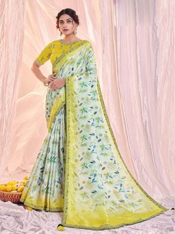 Odette - Yellow - White Tissue Digital Print Saree with Unstitched Blouse