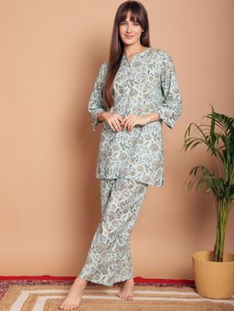 Indreams - Women Floral Printed Kurti Pyjamas Night Suit (Set of 2)