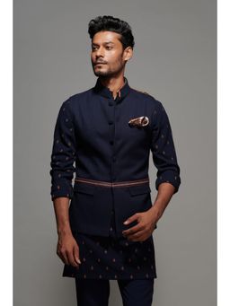 S&N by Shantnu Nikhil - Faux Leather Belt Detail Navy Blue Waistcoat