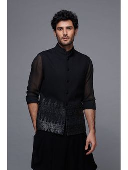 S&N by Shantnu Nikhil - Black Laser Cut Details Waistcoat