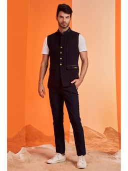 S&N by Shantnu Nikhil - Navy Blue Anna Coin Buttons Waistcoat