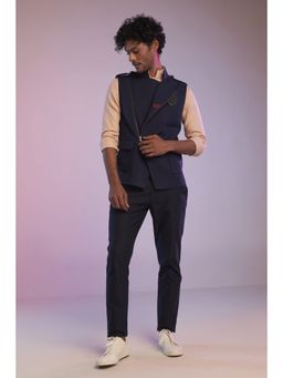 S&N by Shantnu Nikhil - Men Navy Blue Terylene Solid Waistcoat