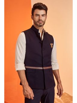 S&N by Shantnu Nikhil - Men Navy Blue Polyester Blend Solid Waistcoat