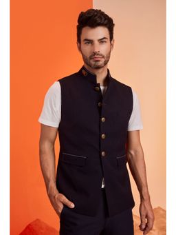 S&N by Shantnu Nikhil - Men Navy Blue Polyester Blend Solid Waistcoat