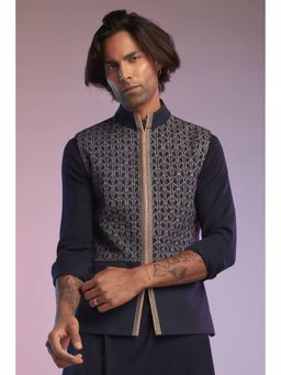 S&N by Shantnu Nikhil - Men Navy Blue Polyester Blend Embroidered Waistcoat