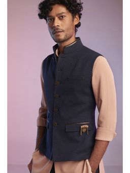 S&N by Shantnu Nikhil - Men Navy Blue Polyester Blend Solid Waistcoat