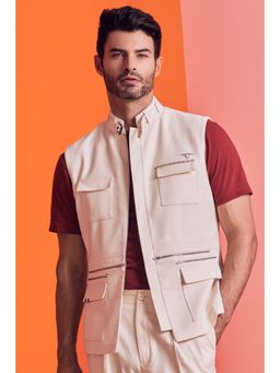 S&N by Shantnu Nikhil - Men Off White Polyester Blend Solid Waistcoat