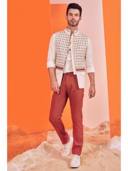S&N by Shantnu Nikhil - Men Off White Polyester Blend Embroidered Waistcoat