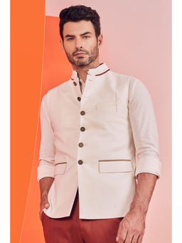 S&N by Shantnu Nikhil - Men Off White Polyester Blend Solid Waistcoat