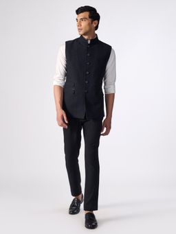 S&N by Shantnu Nikhil - Men Black Cotton Textured Waistcoat