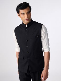 S&N by Shantnu Nikhil - Men Black Cotton Solid Waistcoat