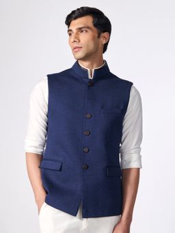 S&N by Shantnu Nikhil - Men Navy Blue Polyester Blend Solid Waistcoat
