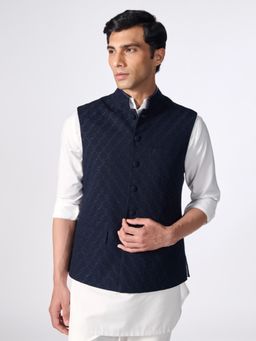 S&N by Shantnu Nikhil - Men Navy Blue Polyester Blend Embroidered Waistcoat