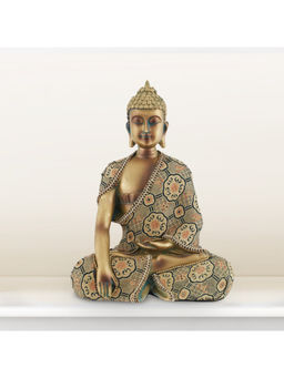 HomeTown - Sitting Buddha with Embellished Attire Polyresin Idols in Gold Colour