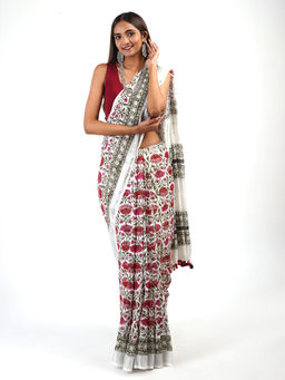Teejh - Aaria White Linen Hand Block Saree with Unstitched Blouse