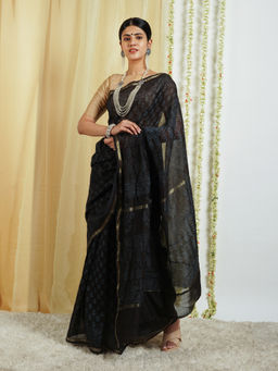 Teejh - Nyra Black Block Print Chanderi Silk Saree with Unstitched Blouse