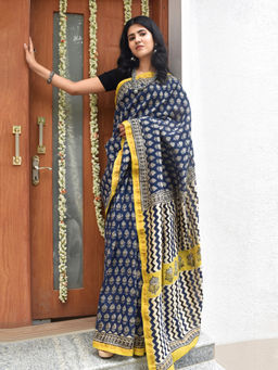 Teejh - Jheel Blue Block Print Chanderi Cotton Saree with Unstitched Blouse
