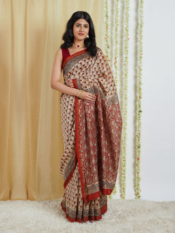 Teejh - Vaidehi Beige Block Print Chanderi Cotton Saree with Unstitched Blouse