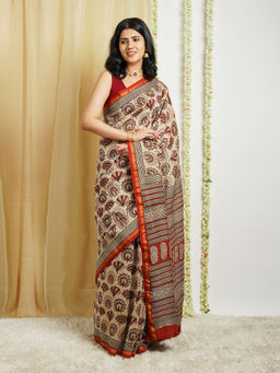 Teejh - Spiced Beige Block Print Chanderi Cotton Saree with Unstitched Blouse