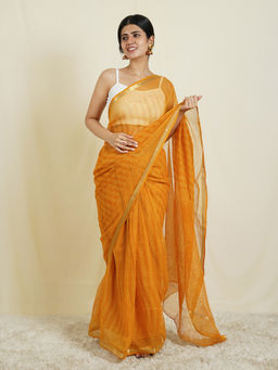 Teejh - Adwitiya Yellow Block Print Kota Saree with Unstitched Blouse