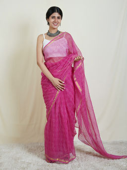 Teejh - Gulaabi Geet Block Print Kota Saree with Unstitched Blouse