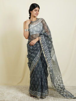 Teejh - Misty Sky Grey Block Print Kota Saree with Unstitched Blouse