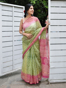 Teejh - Khilti Kali Green Block Print Kota Saree with Unstitched Blouse