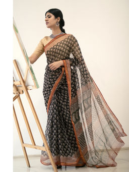 Teejh - Berry Black Block Print Kota Saree with Unstitched Blouse