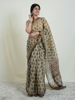 Teejh - Ishana Cream Block Print Kota Saree with Unstitched Blouse