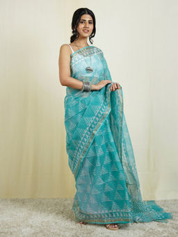 Teejh - Misty Blue Block Print Kota Saree with Unstitched Blouse