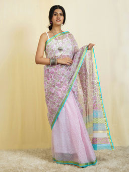Teejh - Udipti Pink Block Print Kota Saree with Unstitched Blouse