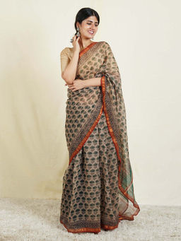 Teejh - Shyla Beige Block Print Kota Saree with Unstitched Blouse