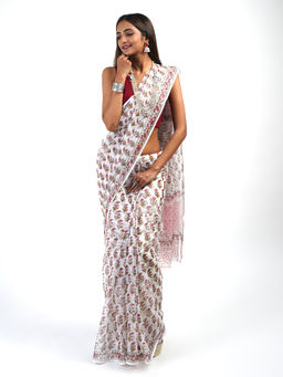 Teejh - Vera White and Pink Kota Saree with Unstitched Blouse