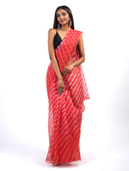 Teejh - Aanamra Red Kota Leheriya Saree with Unstitched Blouse