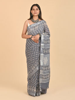 Teejh - Kaynat Grey Linen Saree with Unstitched Blouse