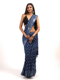 Teejh - Shaniya Blue Linen Saree with Unstitched Blouse