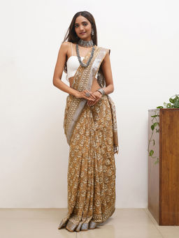 Teejh - Prisha Mustard Linen Saree with Unstitched Blouse