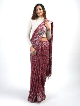 Teejh - Nirvi Maroon Linen Saree with Unstitched Blouse