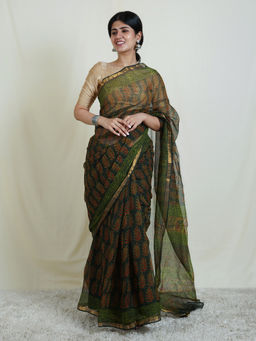 Teejh - Kahae Dark Green Kota Block Print Saree with Unstitched Blouse