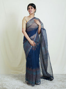 Teejh - Meira Dark Blue Block Print Kota Saree with Unstitched Blouse