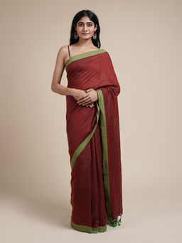 Teejh - Kaira Maroon Mulmul Saree with Unstitched Blouse