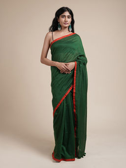 Teejh - Kaira Emerald Green Mulmul Saree with Unstitched Blouse