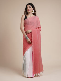 Teejh - Iqra Pink & White Mulmul Saree with Unstitched Blouse