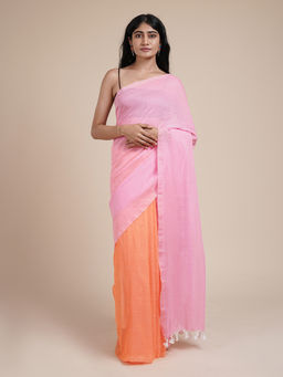 Teejh - Iqra Pink & Orange Mulmul Saree with Unstitched Blouse